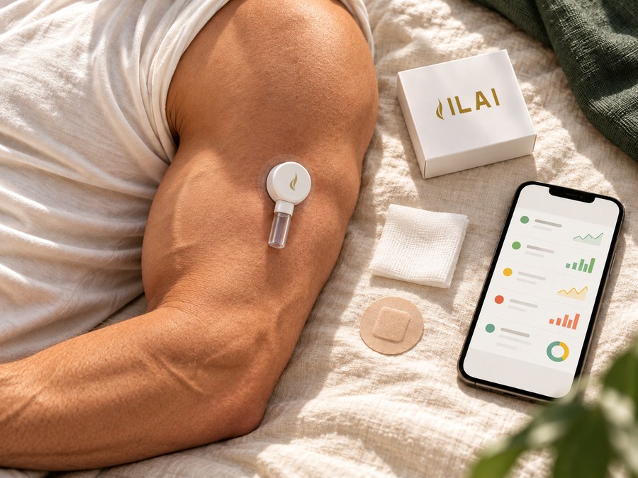 A small round white collection device with the ILAI flame resting on a man’s upper arm, with its box, a gauze pad and a plaster beside him