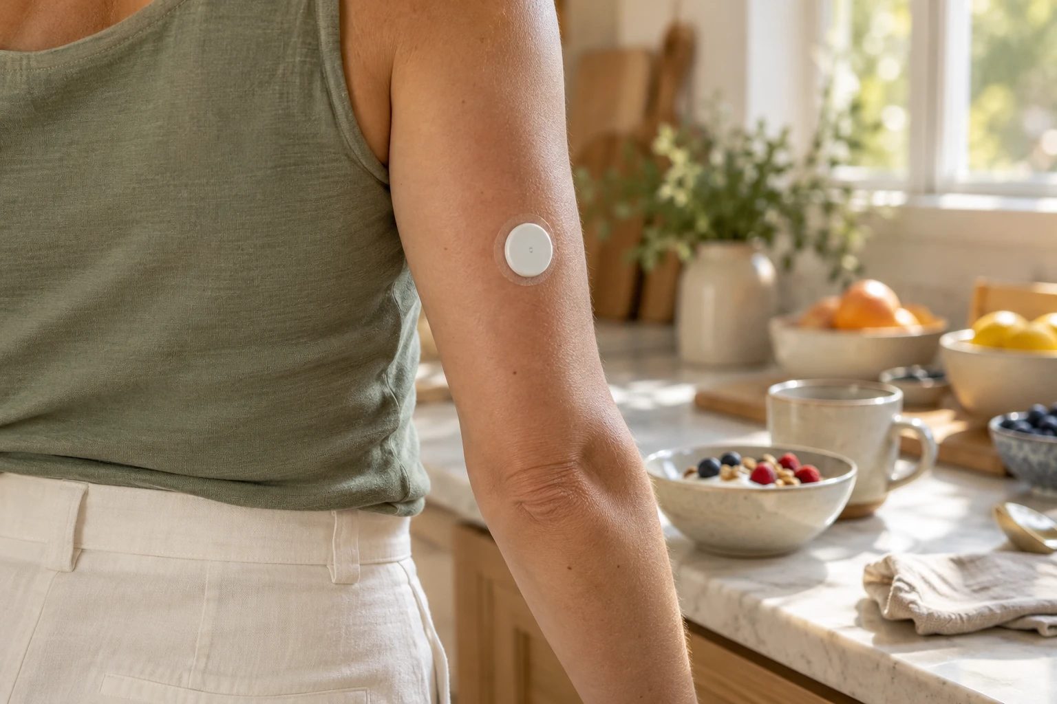 A woman in a kitchen with a small white glucose sensor on the back of her upper arm